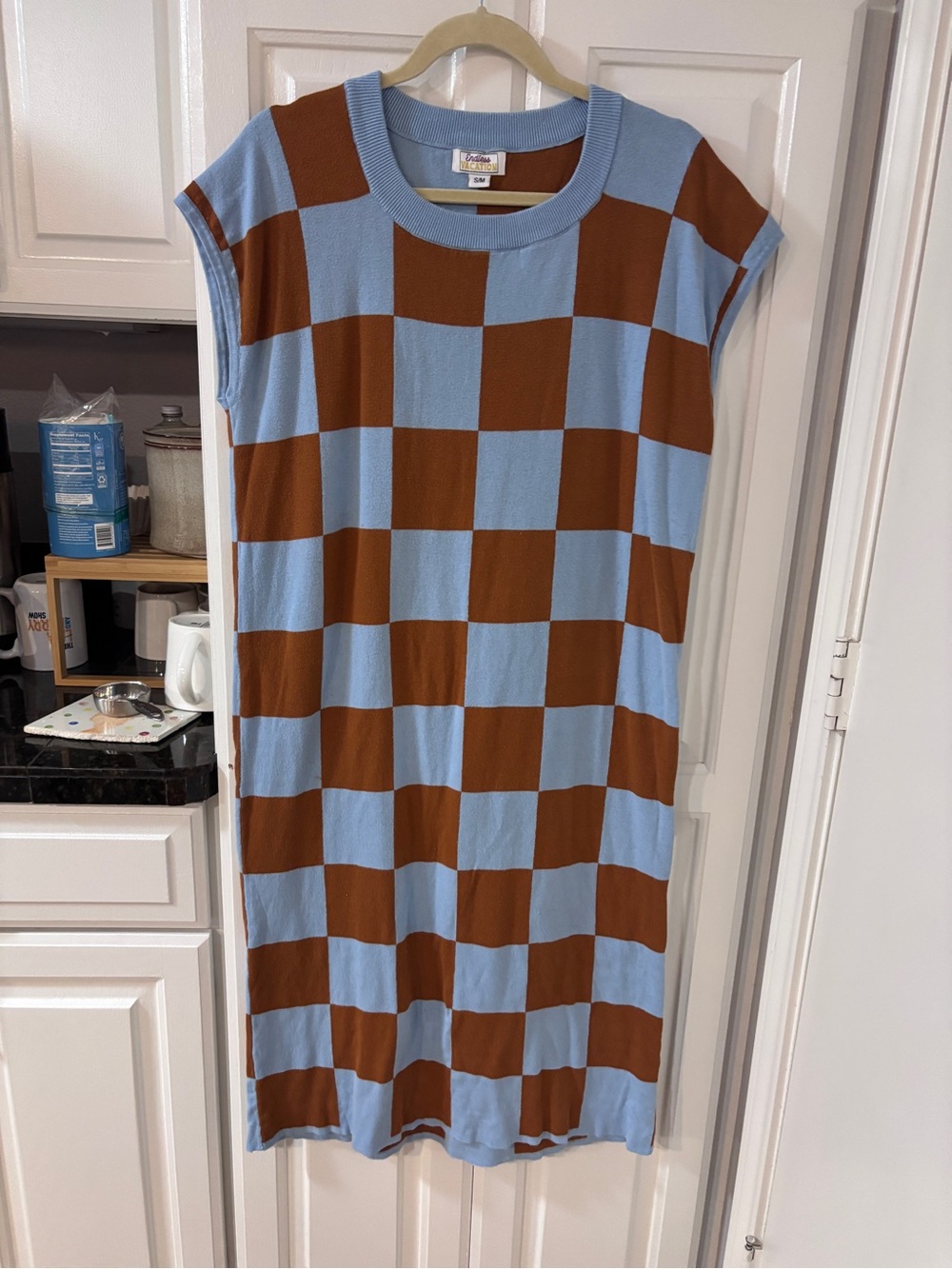 Sleeveless Checkerboard Midi Dress in Light Blue and Brown